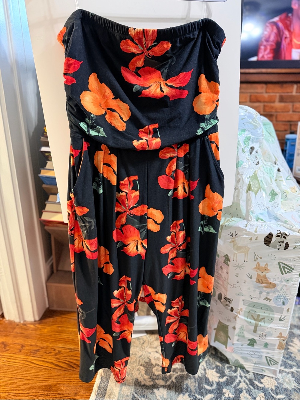 J for Justify Black Strapless Floral Jumpsuit with Orange and Red Blooms